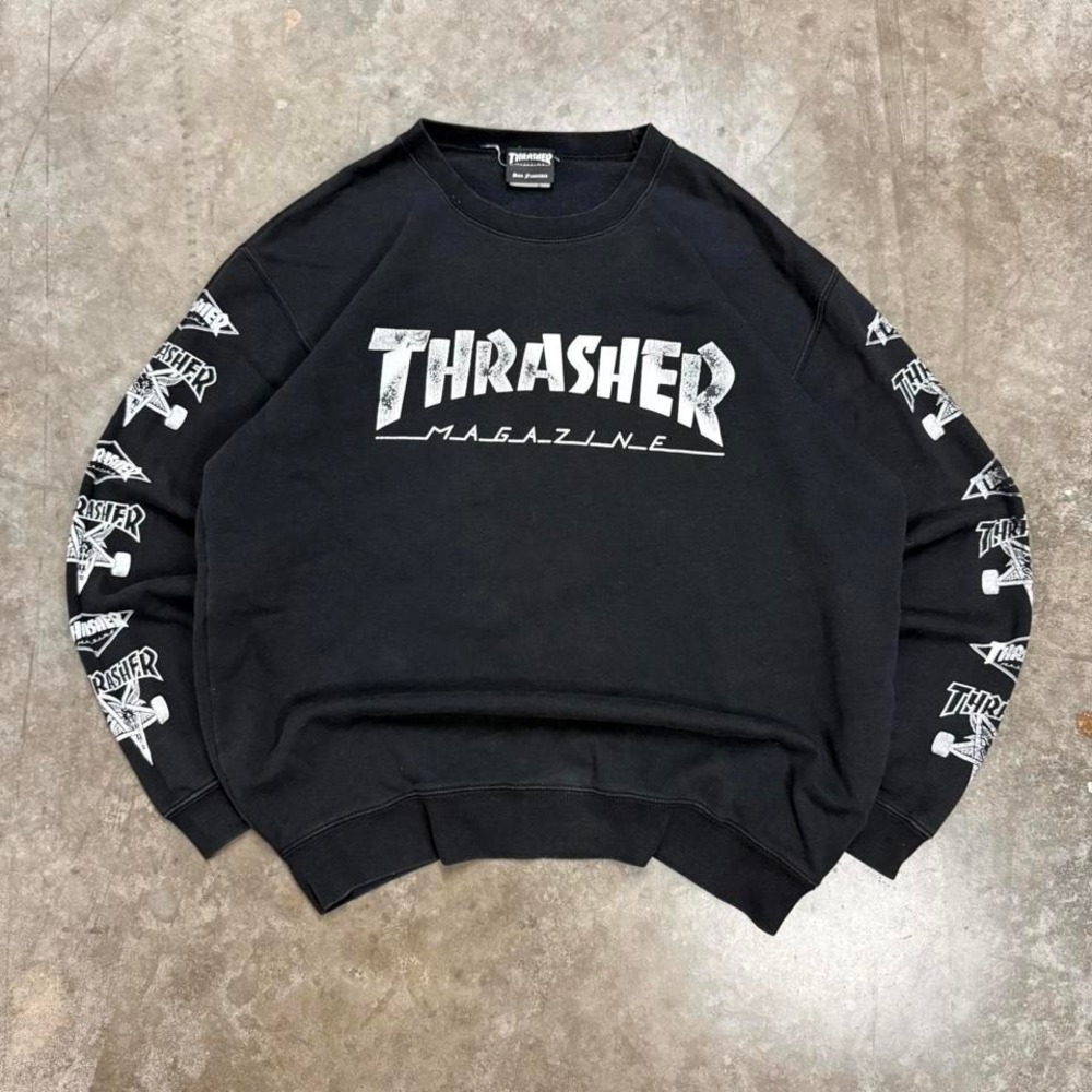 Y2K Thrasher Black Skater Grunge Crewneck Sweatshirt Size L